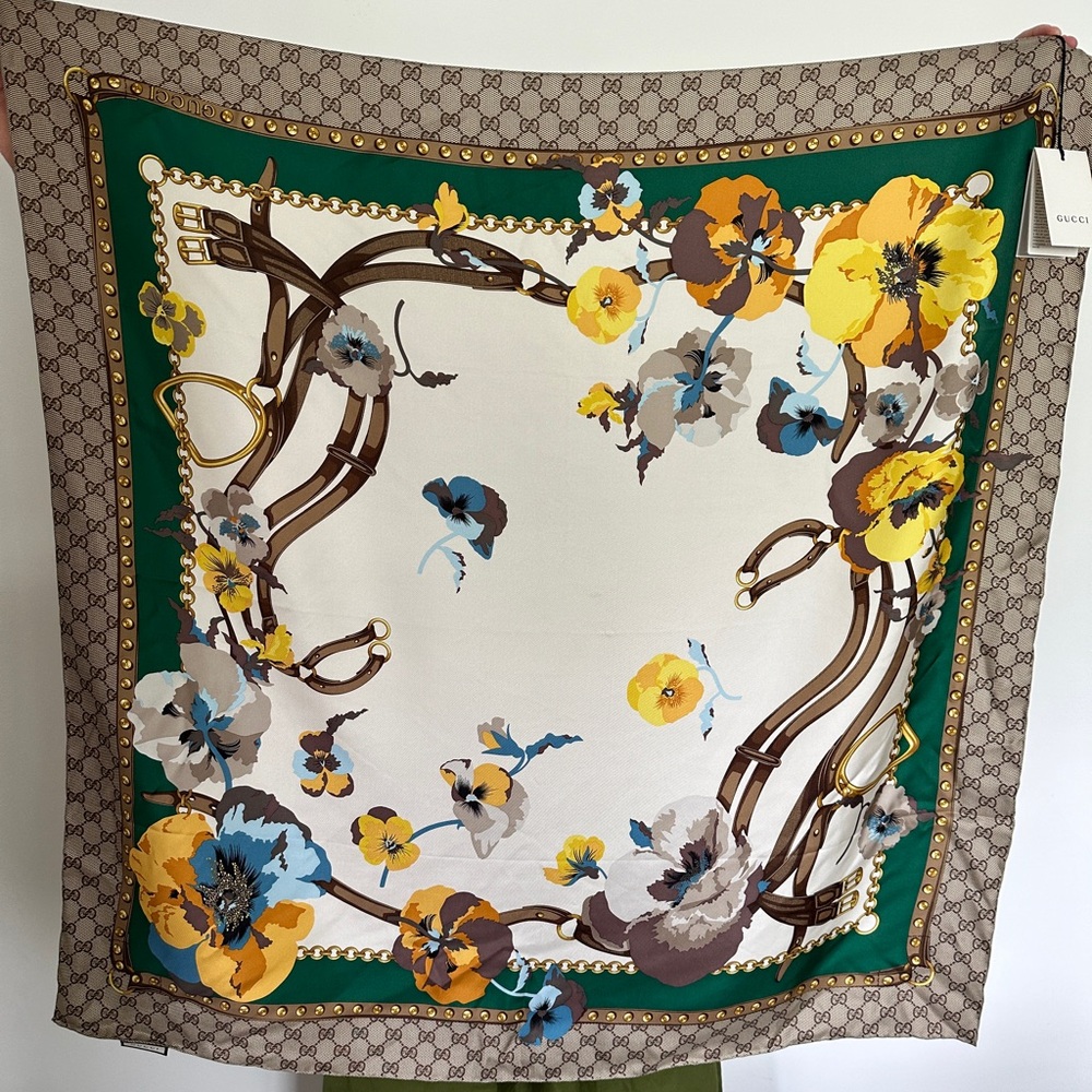 Gucci Silk Scarf Blue Yellow buckles , brand new with tags